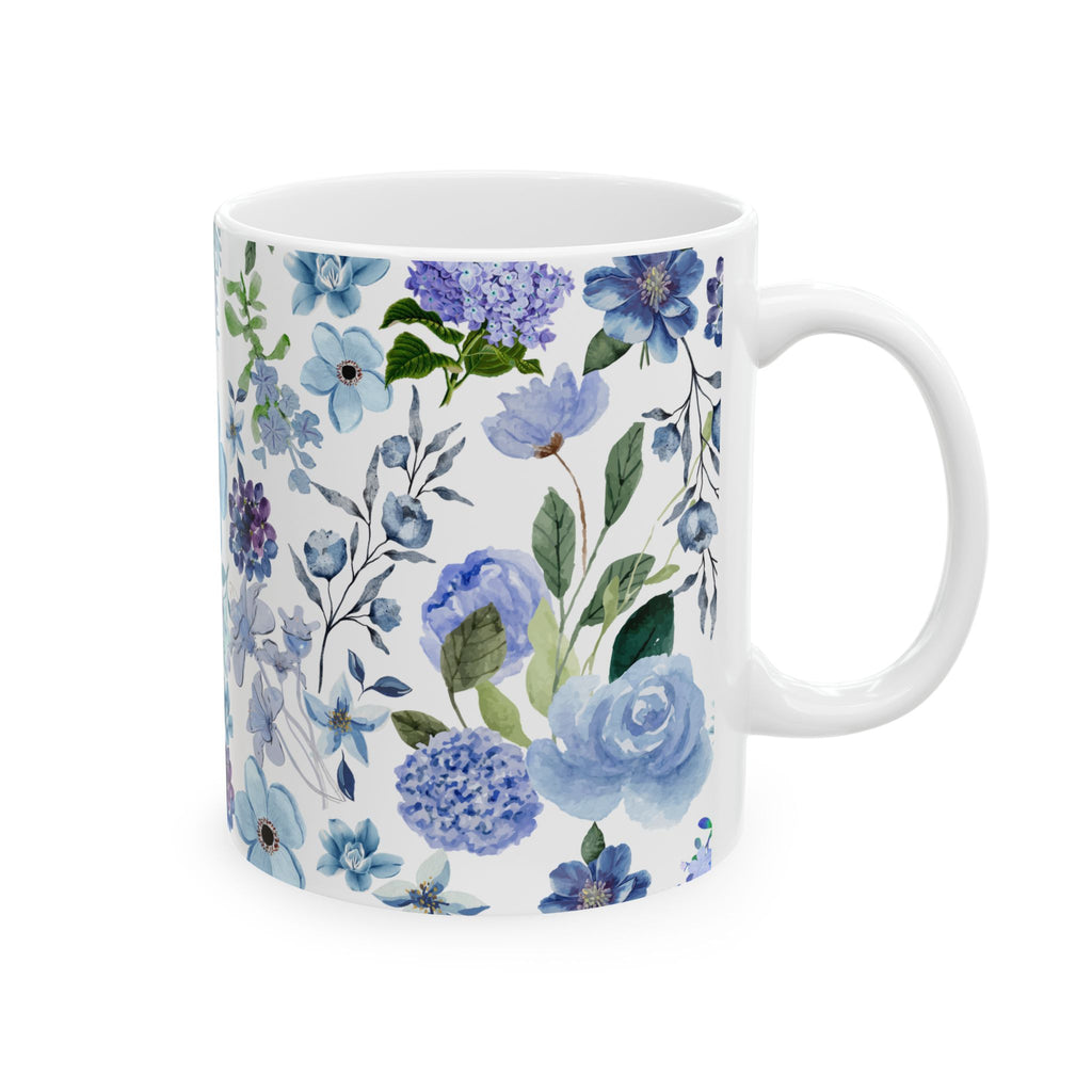 Blue Watercolor Floral Ceramic Mug (11oz & 15oz) — Elegant Botanical Tea Cup Gift