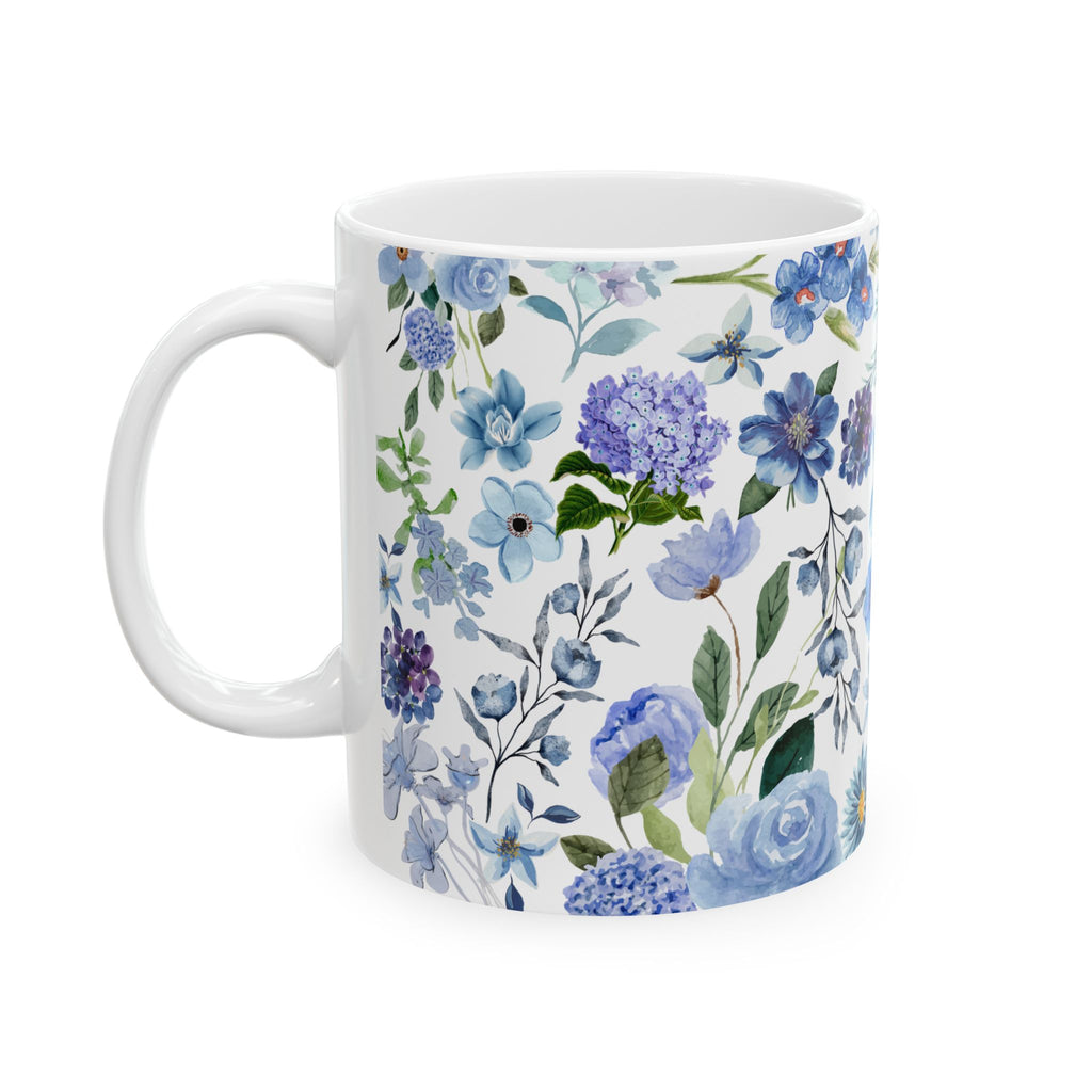 Blue Watercolor Floral Ceramic Mug (11oz & 15oz) — Elegant Botanical Tea Cup Gift