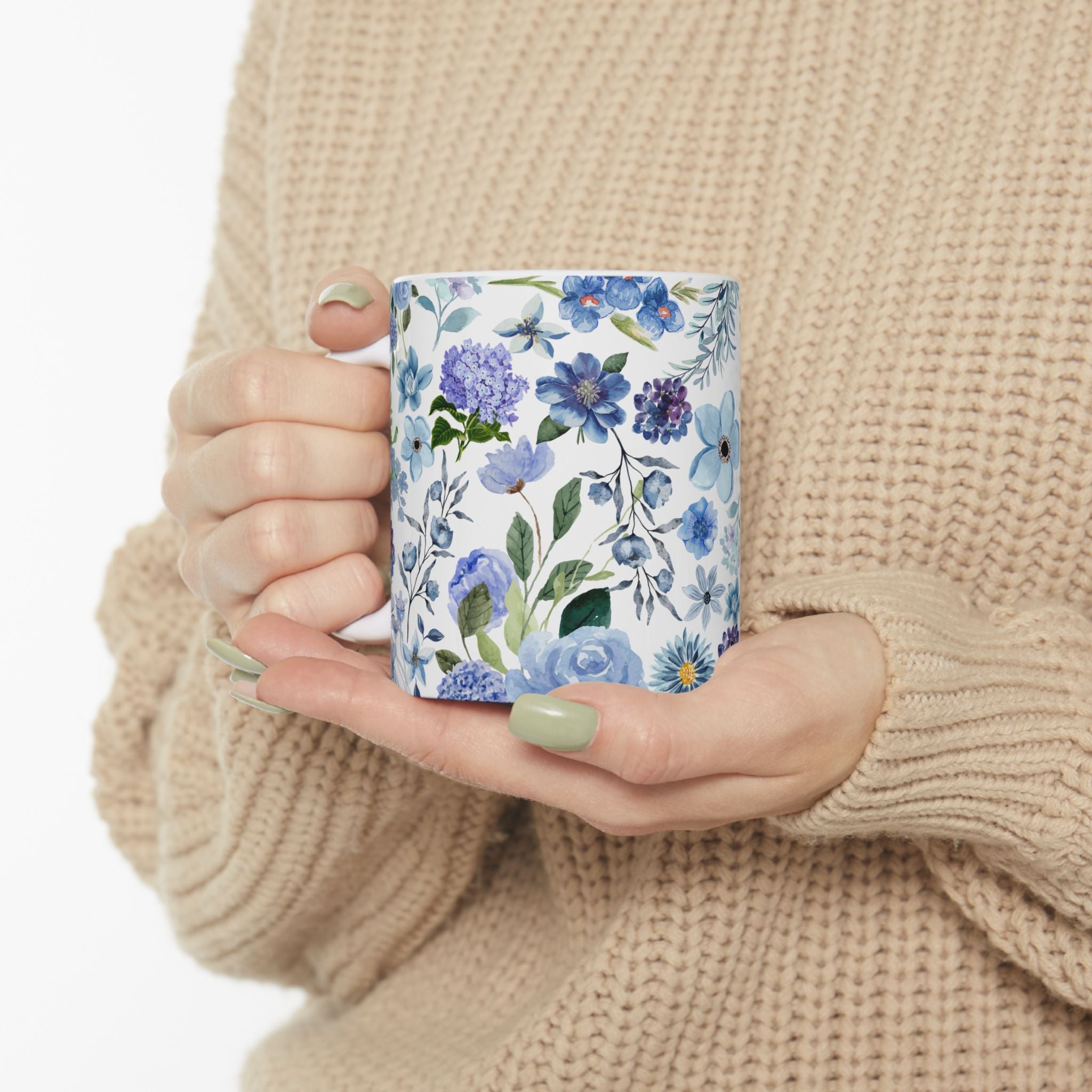 Blue Watercolor Floral Ceramic Mug (11oz & 15oz) — Elegant Botanical Tea Cup Gift