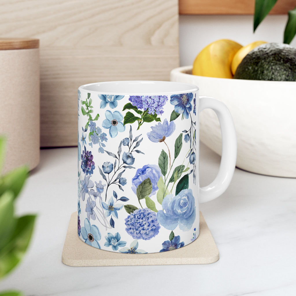 Blue Watercolor Floral Ceramic Mug (11oz & 15oz) — Elegant Botanical Tea Cup Gift